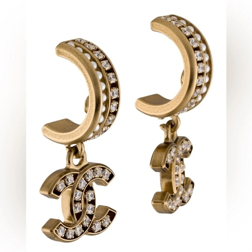 CHANEL Gold and Pearl Crystal CC Drop Earrings